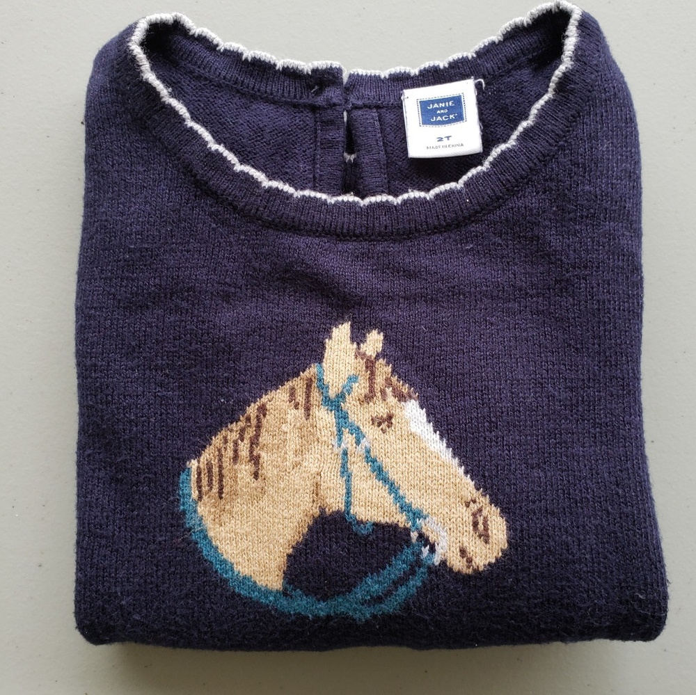 Janie and Jack Girl's Navy Blue Horse Sweater 2T
